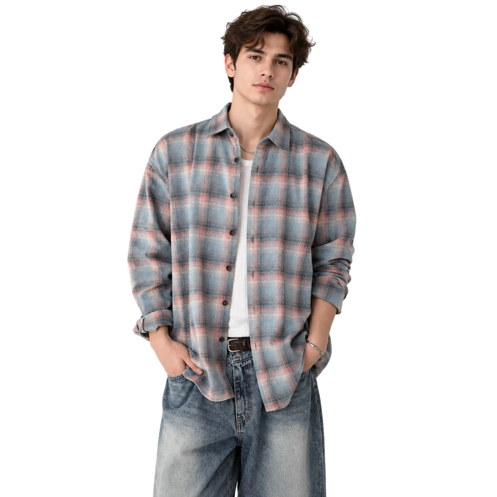 Color-Contrast Check Long Sleeve Casual Shirt for Men