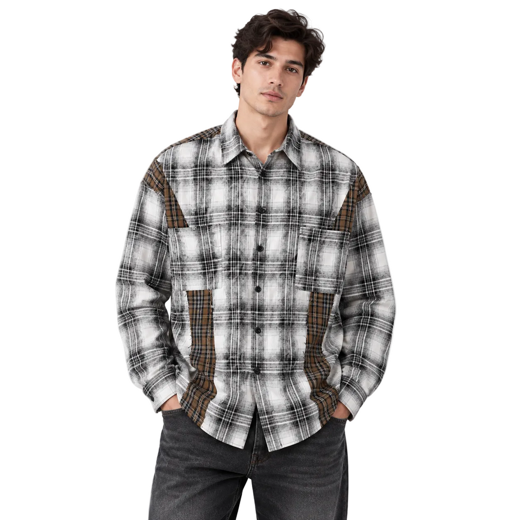 Retro Distressed Patchwork Checkered Long-Sleeved Shirt