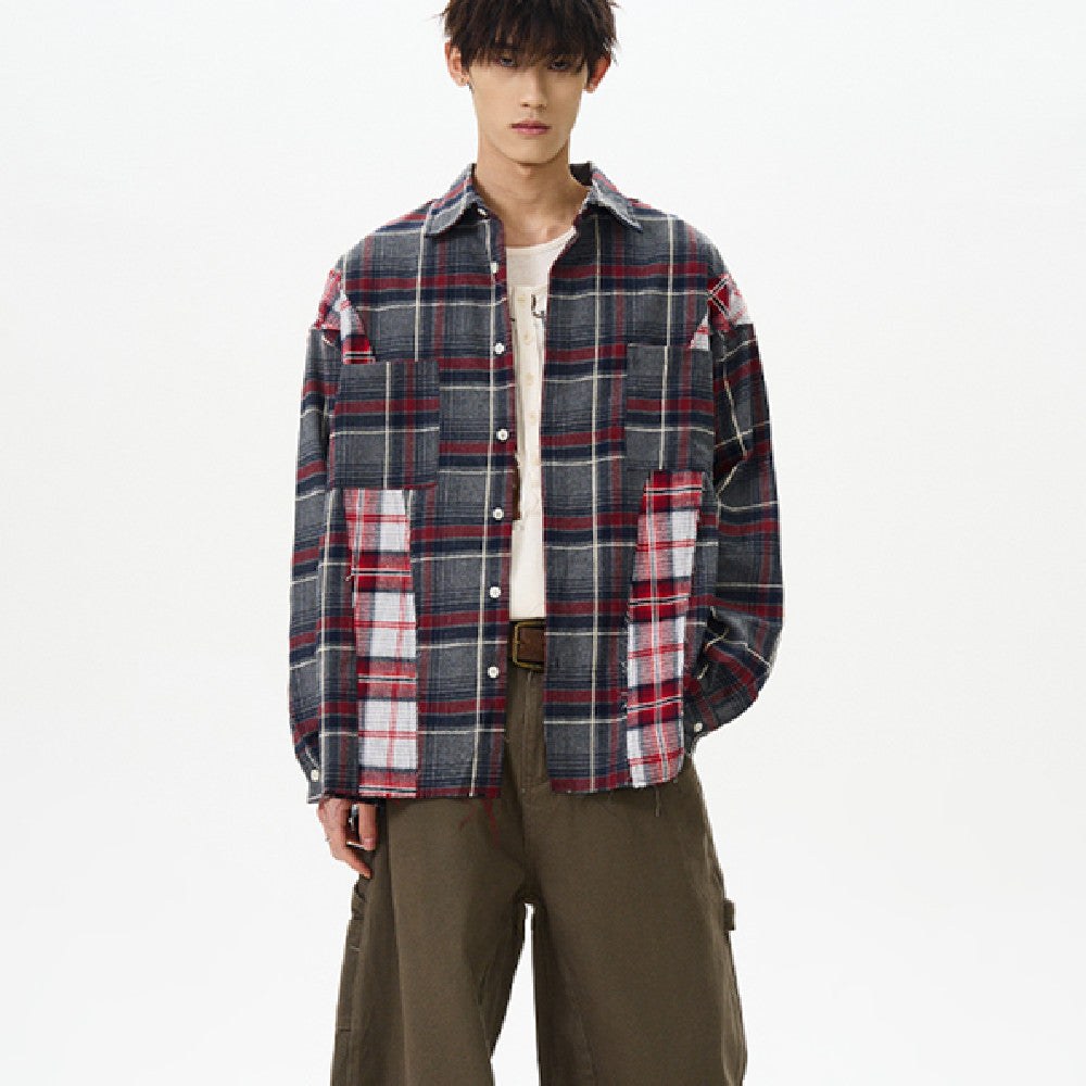 Retro Distressed Patchwork Checkered Long-Sleeved Shirt