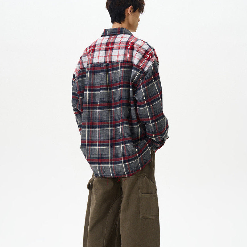 Retro Distressed Patchwork Checkered Long-Sleeved Shirt