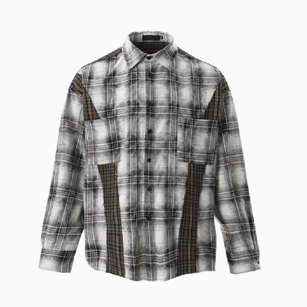 Retro Distressed Patchwork Checkered Long-Sleeved Shirt