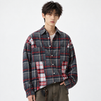 Retro Distressed Patchwork Checkered Long-Sleeved Shirt