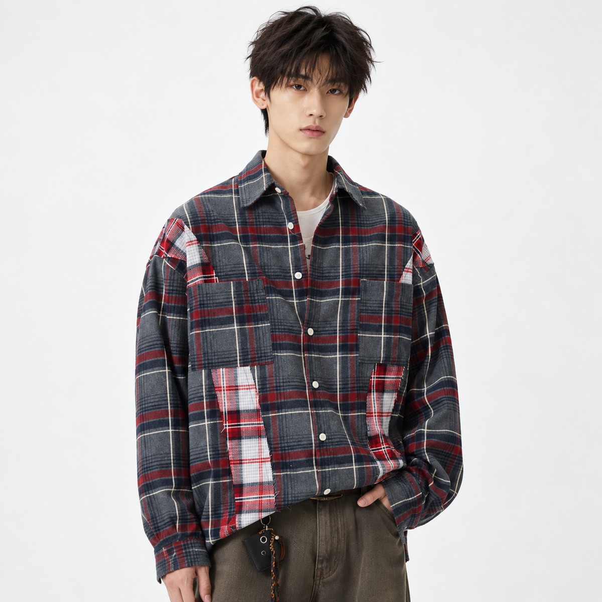 Retro Distressed Patchwork Checkered Long-Sleeved Shirt