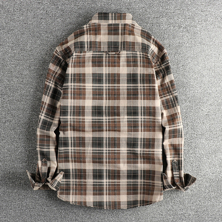 Thick Texture Washed Plaid Long-Sleeved Shirt for Men