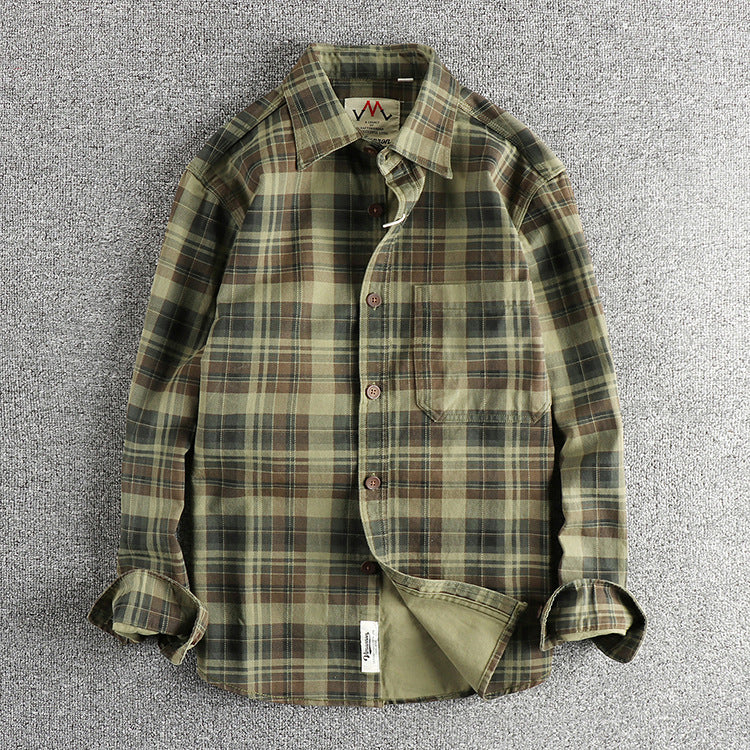 Thick Texture Washed Plaid Long-Sleeved Shirt for Men