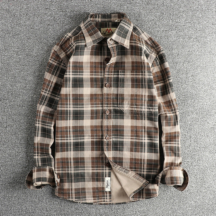 Thick Texture Washed Plaid Long-Sleeved Shirt for Men