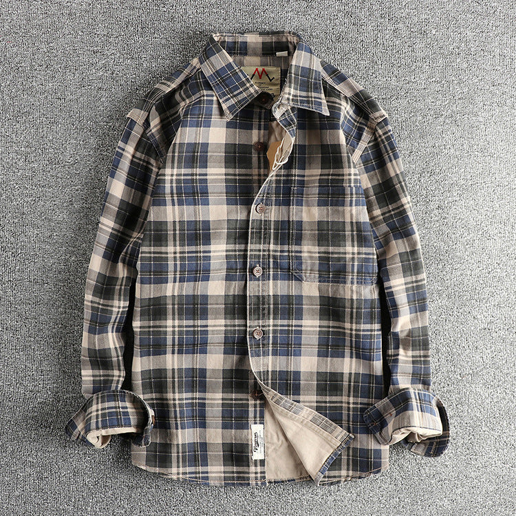 Thick Texture Washed Plaid Long-Sleeved Shirt for Men