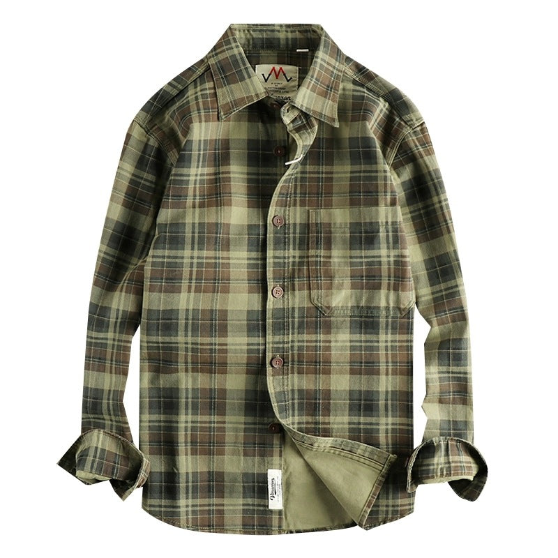 Thick Texture Washed Plaid Long-Sleeved Shirt for Men