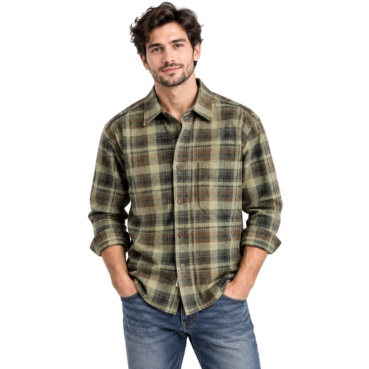 Thick Texture Washed Plaid Long-Sleeved Shirt for Men