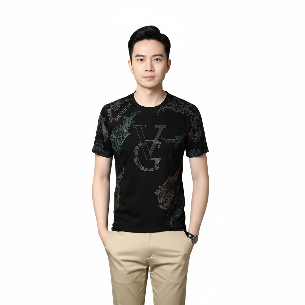 Thin Men's Printed T-Shirts Round Neck Pullover Style