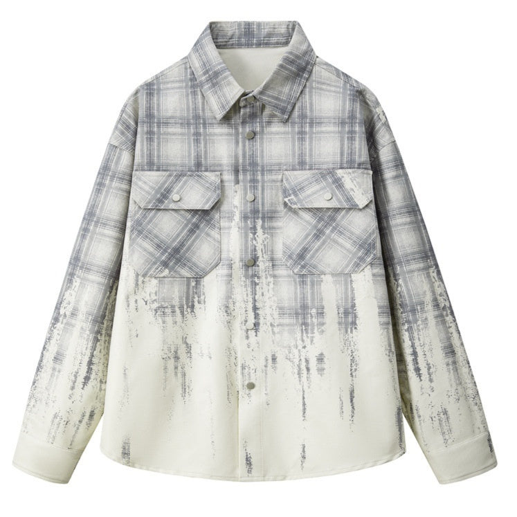 Tie-Dye Gradient Long-Sleeve Plaid Shirt for Men