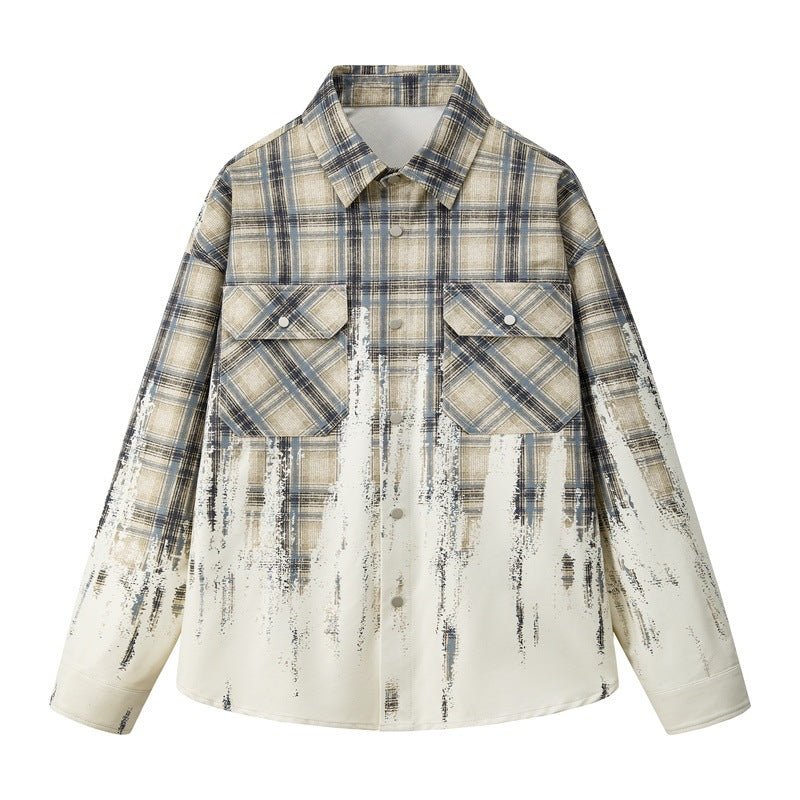 Tie-Dye Gradient Long-Sleeve Plaid Shirt for Men