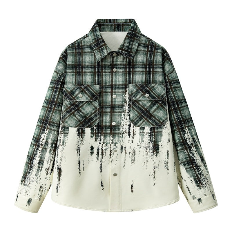 Tie-Dye Gradient Long-Sleeve Plaid Shirt for Men