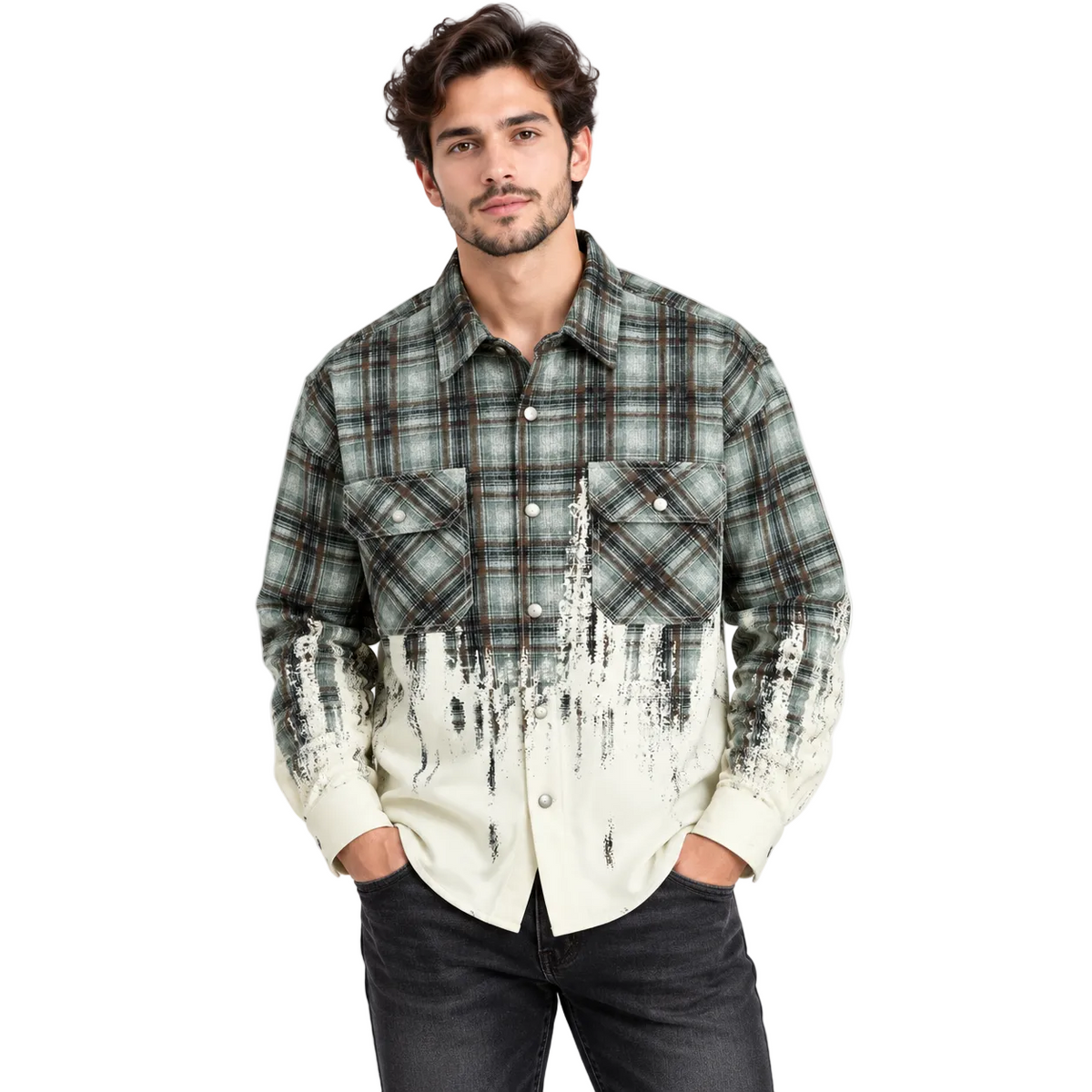 Tie-Dye Gradient Long-Sleeve Plaid Shirt for Men