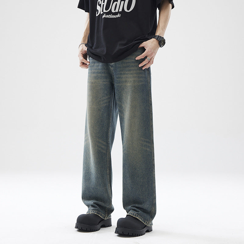Washed Distressed Loose Jeans For Men Straight Leg