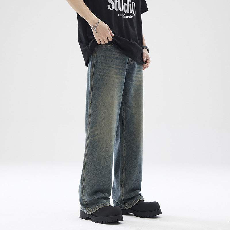 Washed Distressed Loose Jeans For Men Straight Leg