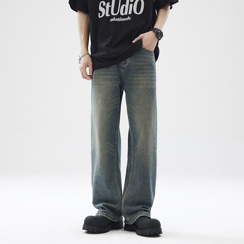 Washed Distressed Loose Jeans For Men Straight Leg