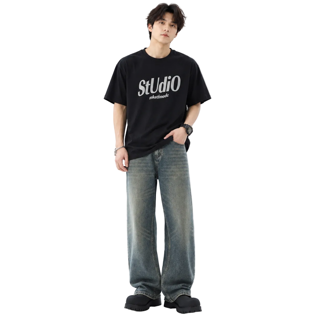 Washed Distressed Loose Jeans For Men Straight Leg